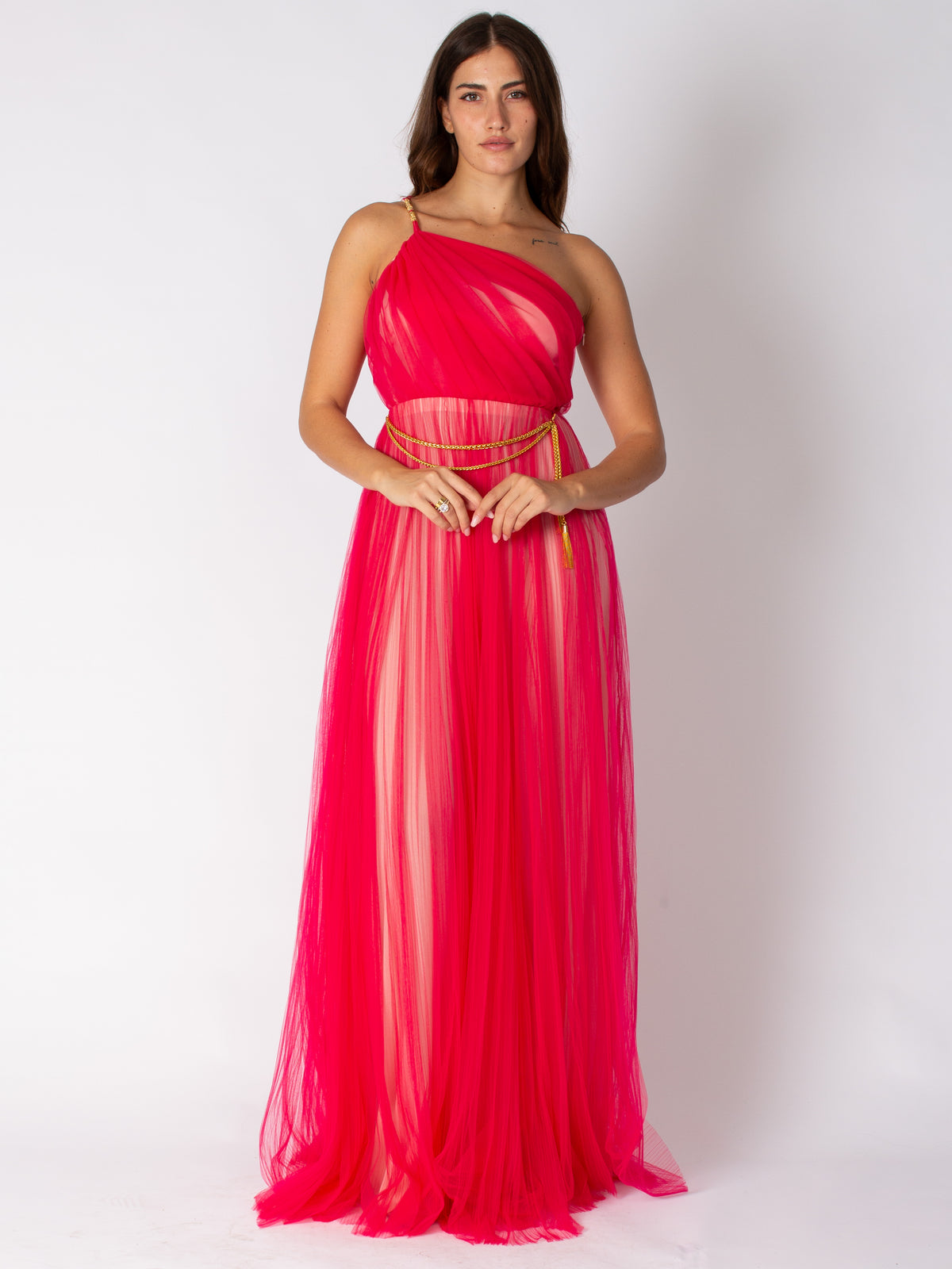 Elisabetta Franchi long red carpet one-shoulder tulle dress