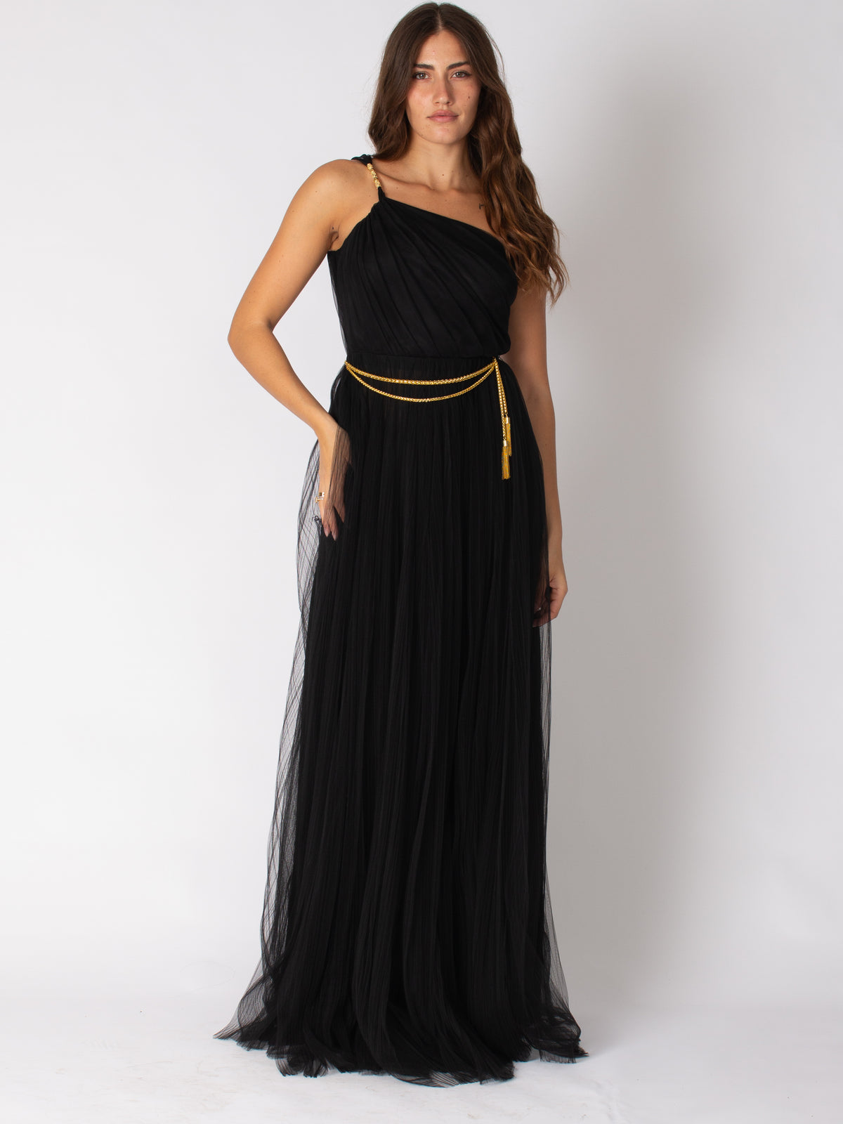 Elisabetta Franchi long red carpet one-shoulder tulle dress