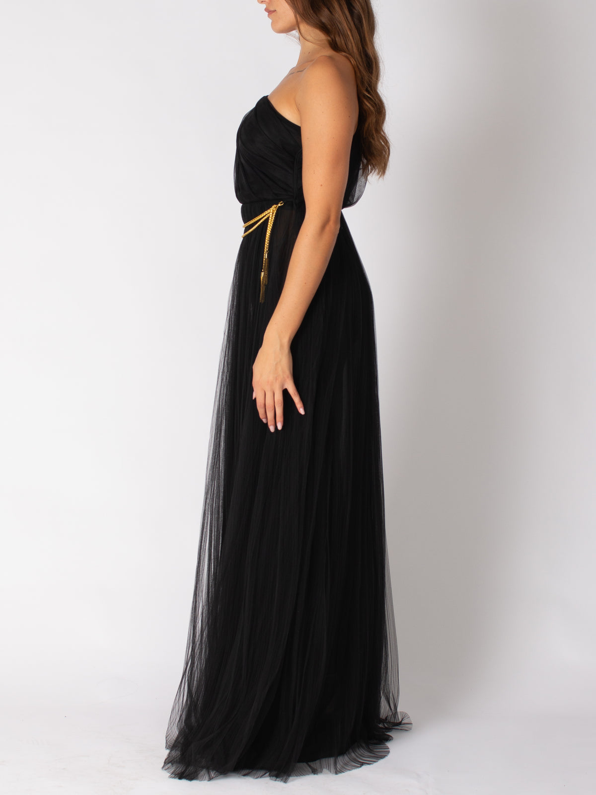 Elisabetta Franchi long red carpet one-shoulder tulle dress