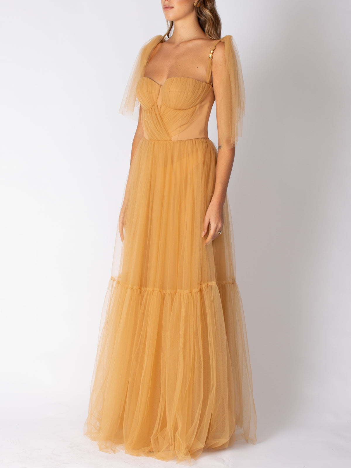 Long red carpet dress in tulle with ruffles on the sleeves Elisabetta Franchi