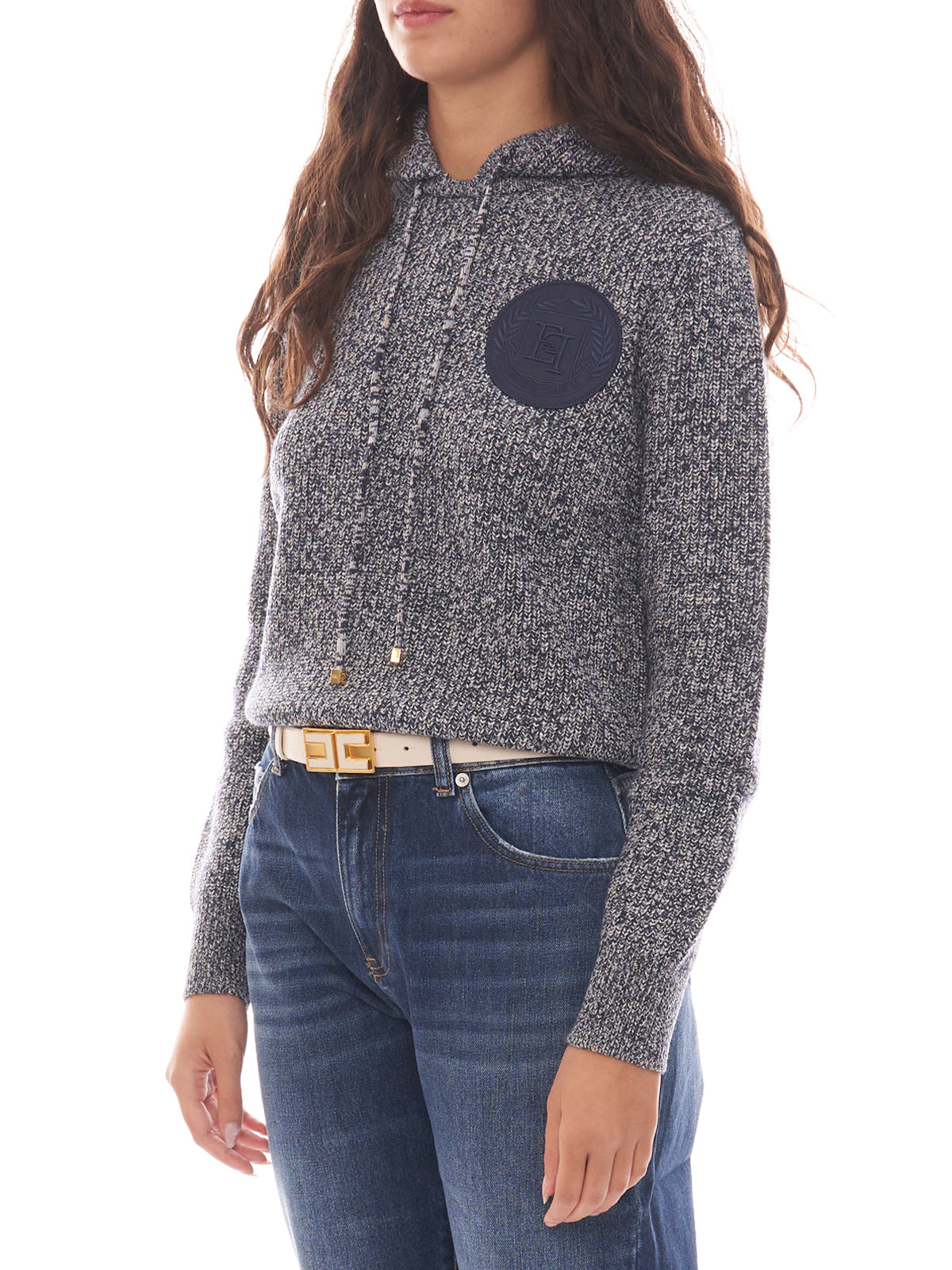 Pullover in viscosa mouliné con cappuccio e patch logo Elisabetta Franchi