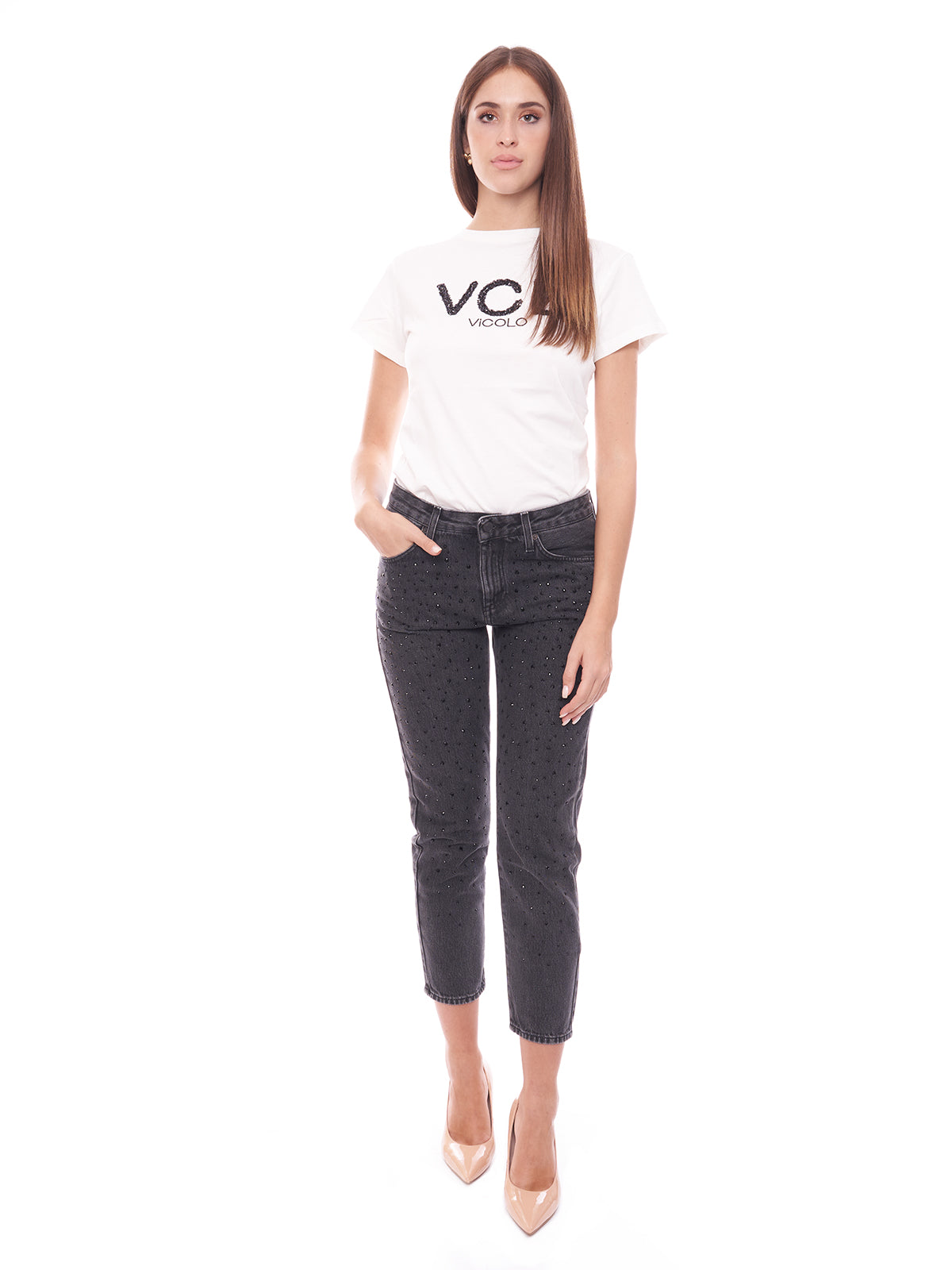 Vendita Jeans con strass neri Vicolo, Base Abbigliamento