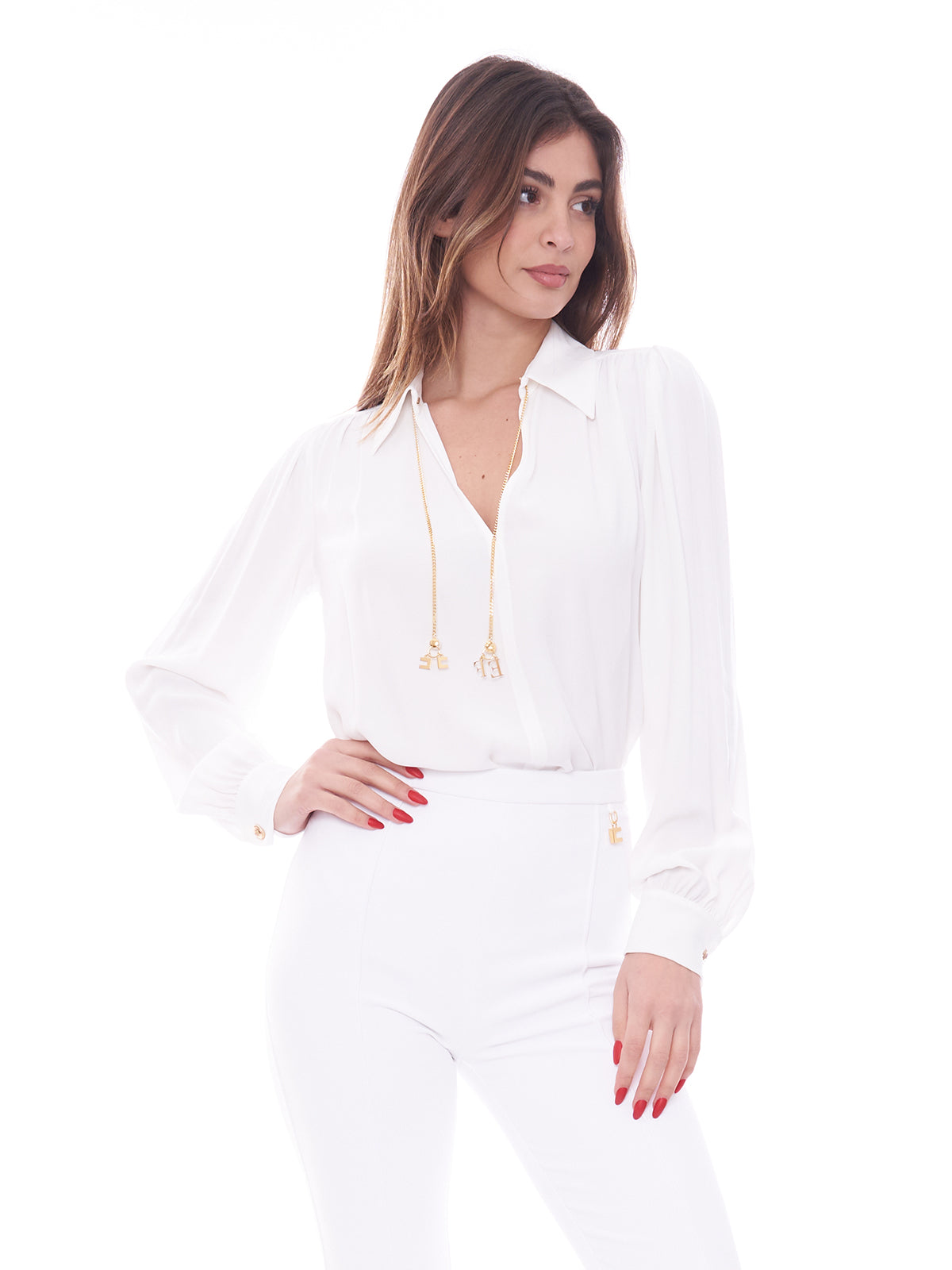 Elisabetta Franchi viscose georgette shirt with hanging accessories on the neck