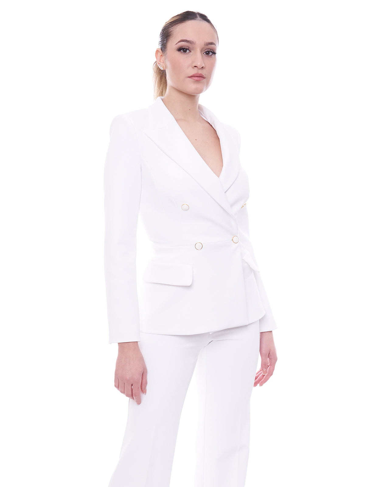 Elisabetta Franchi double-breasted crêpe jacket with cut at the waist 