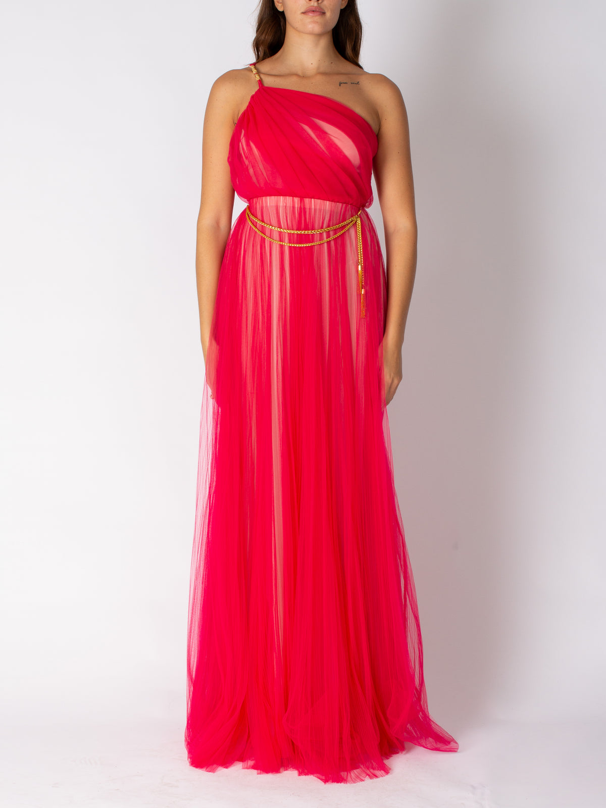 Elisabetta Franchi long red carpet one-shoulder tulle dress
