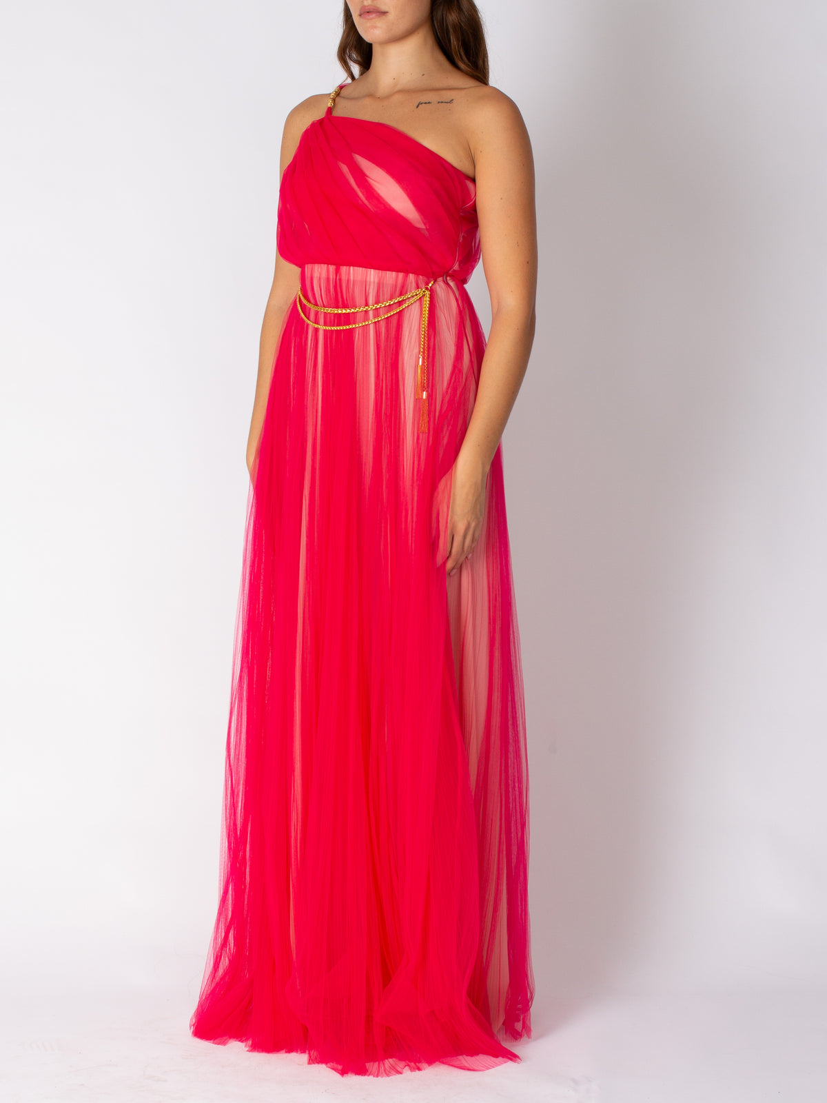 Elisabetta Franchi long red carpet one-shoulder tulle dress