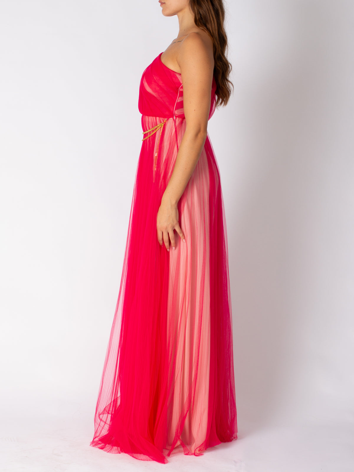 Elisabetta Franchi long red carpet one-shoulder tulle dress