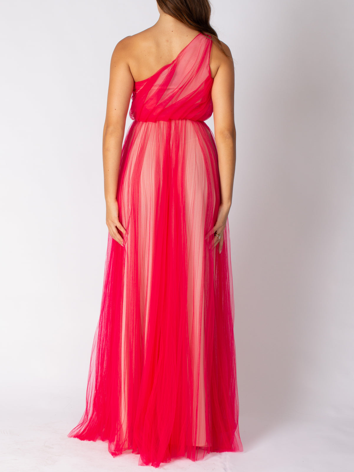 Elisabetta Franchi long red carpet one-shoulder tulle dress