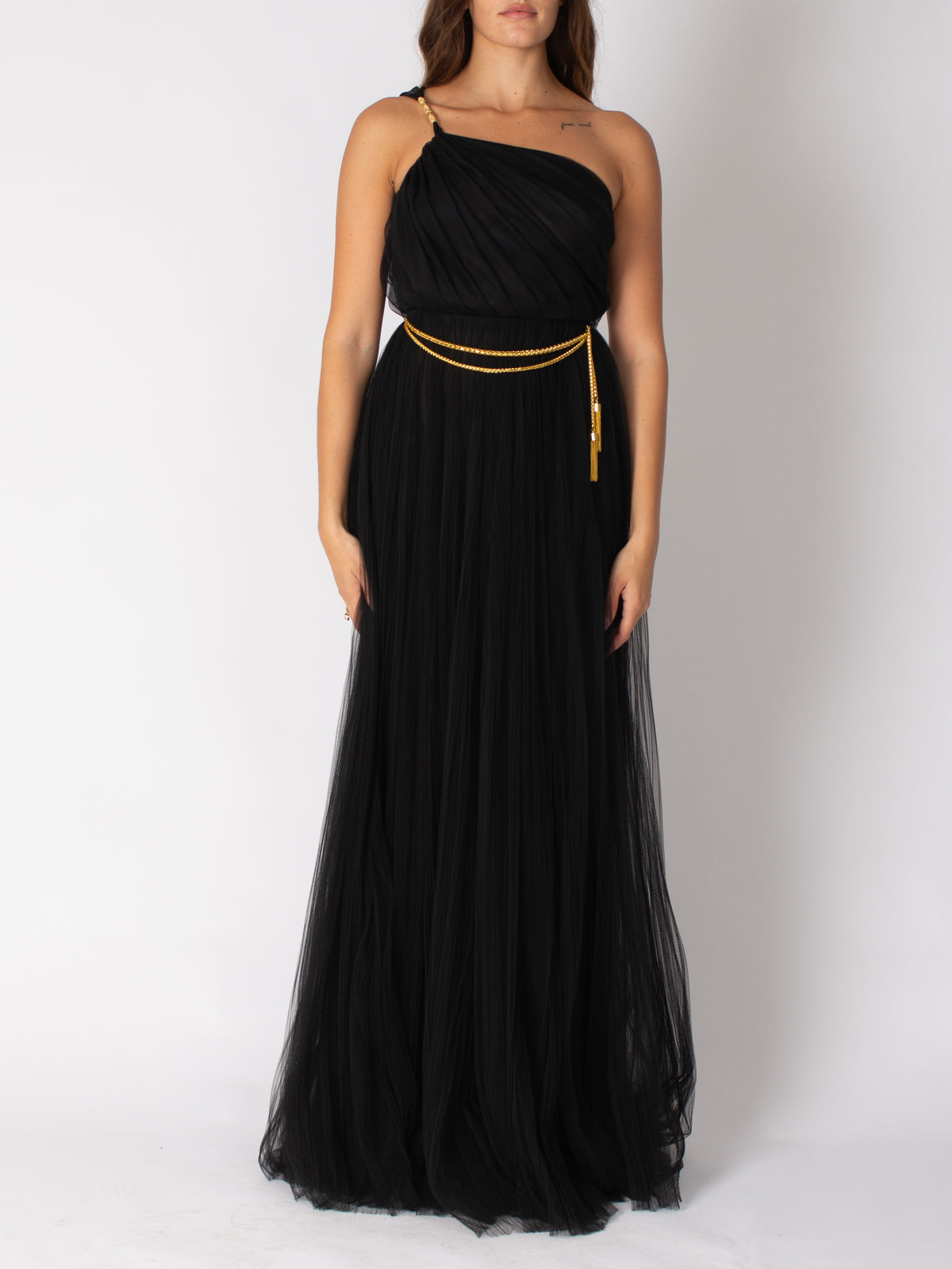 Elisabetta Franchi long red carpet one-shoulder tulle dress