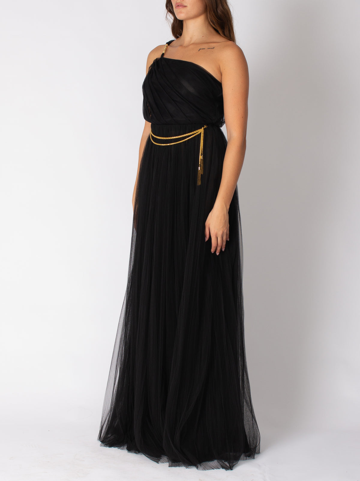 Elisabetta Franchi long red carpet one-shoulder tulle dress