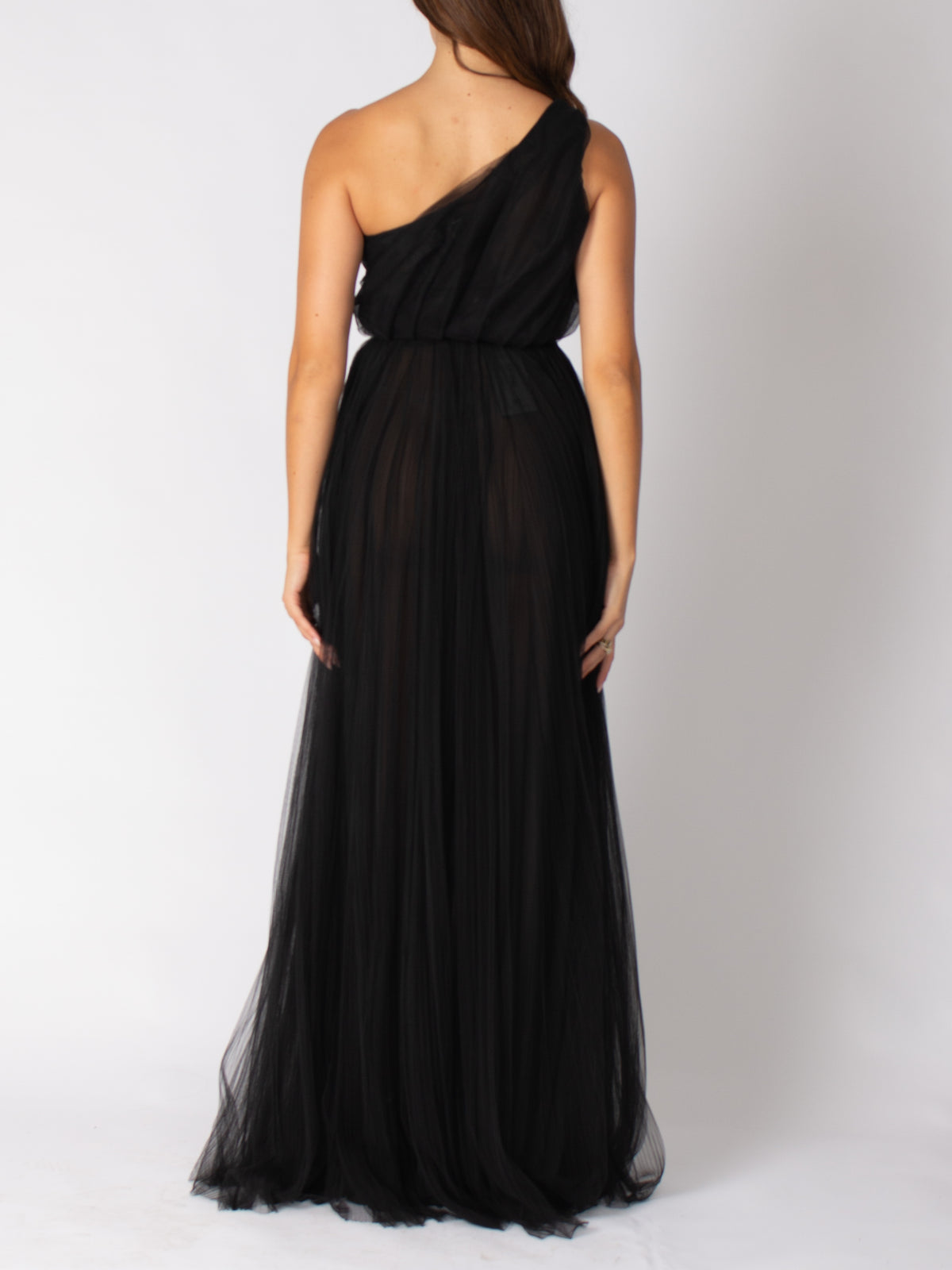 Elisabetta Franchi long red carpet one-shoulder tulle dress