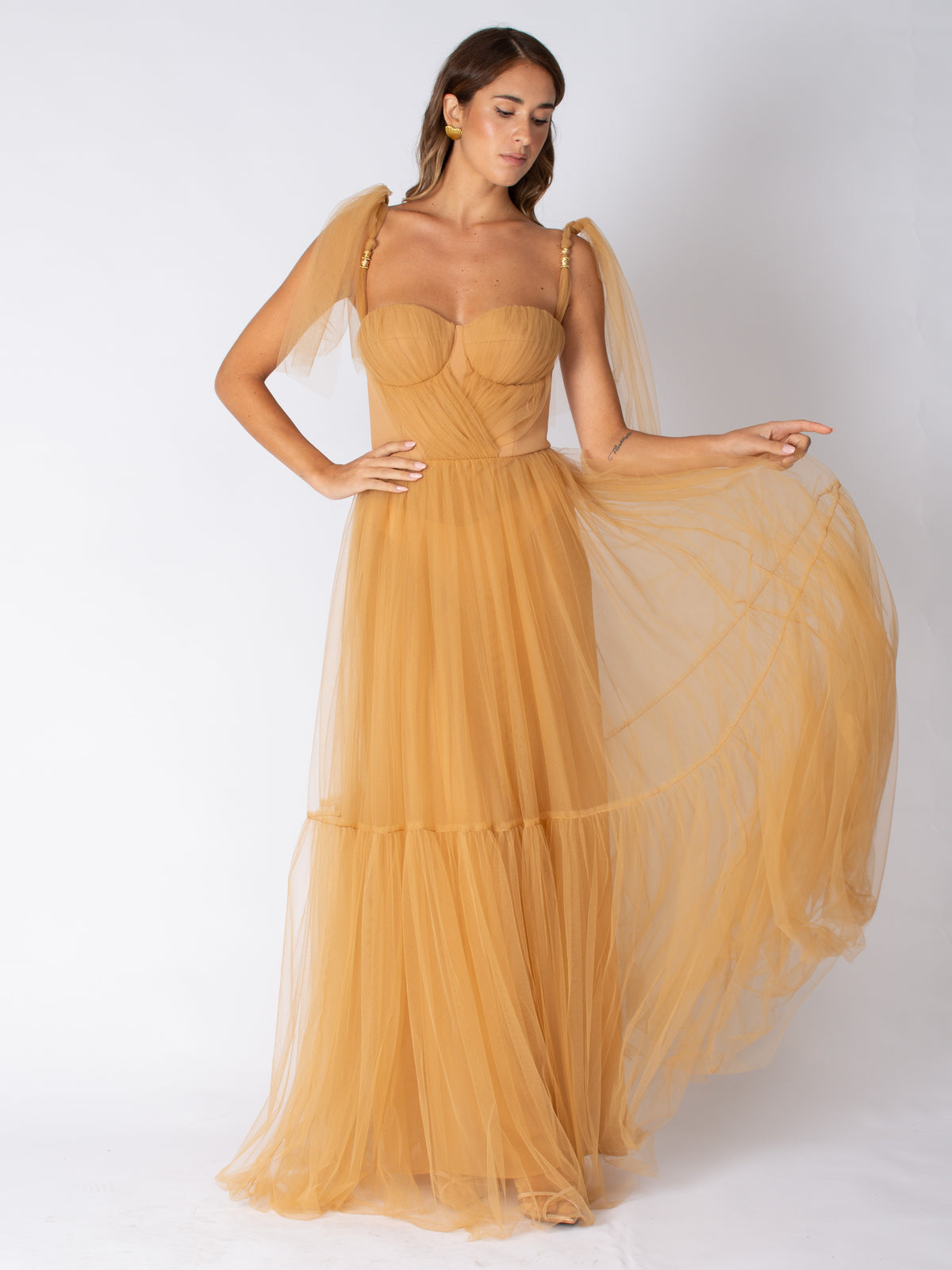 Long red carpet dress in tulle with ruffles on the sleeves Elisabetta Franchi