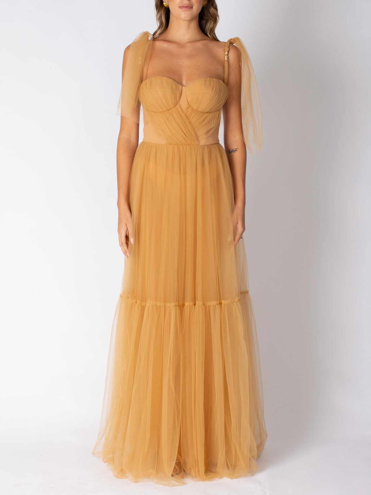 Long red carpet dress in tulle with ruffles on the sleeves Elisabetta Franchi