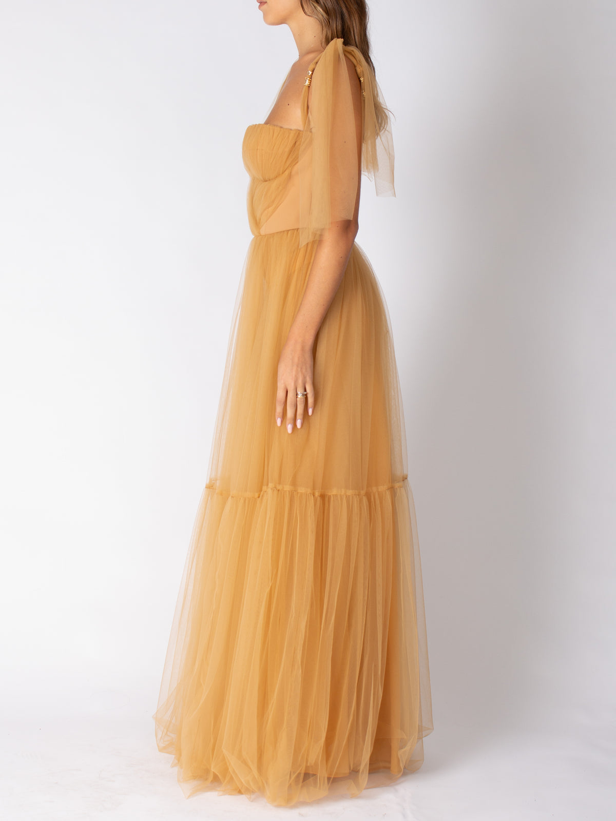 Long red carpet dress in tulle with ruffles on the sleeves Elisabetta Franchi