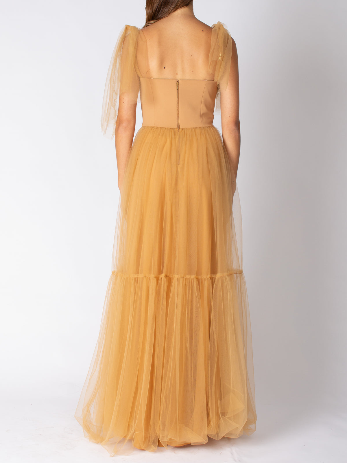 Long red carpet dress in tulle with ruffles on the sleeves Elisabetta Franchi