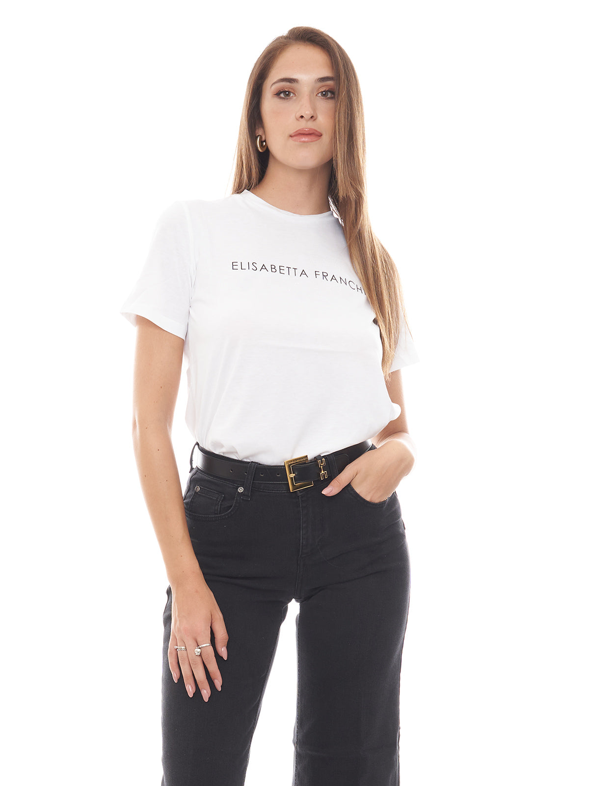 T-shirt in jersey con strass logo Elisabetta Franchi