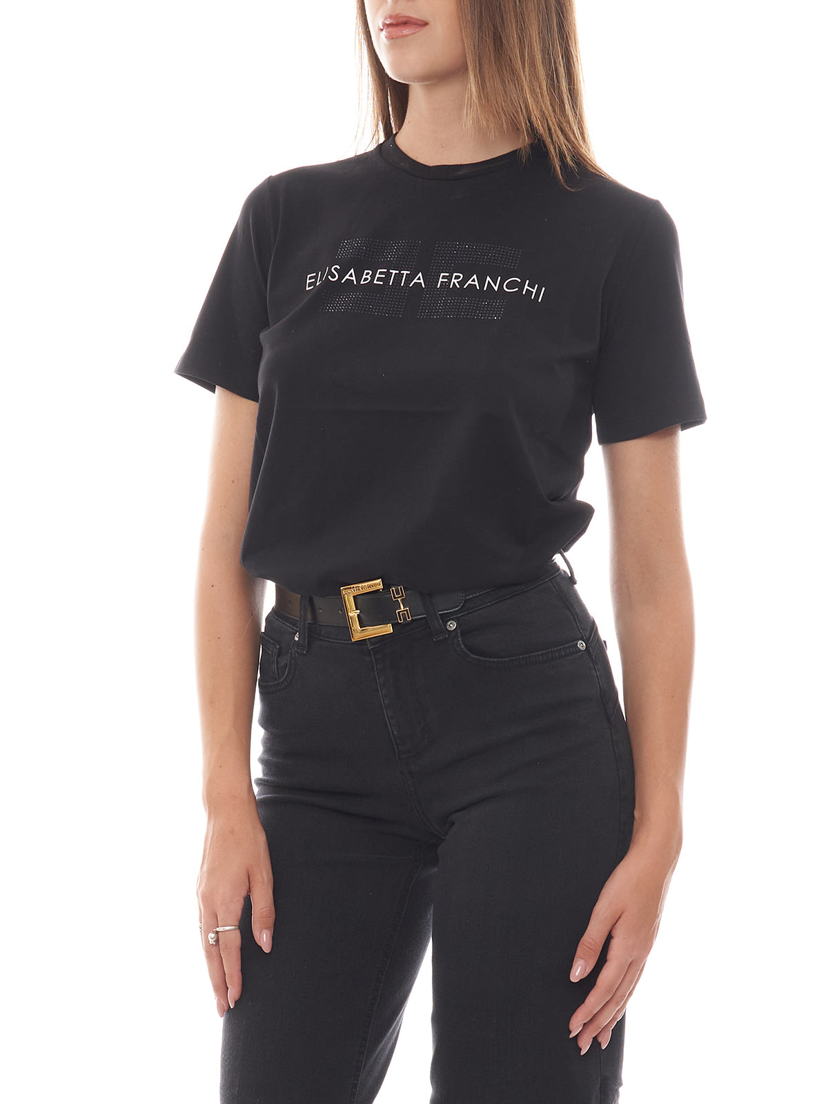 T-shirt in jersey con strass logo Elisabetta Franchi