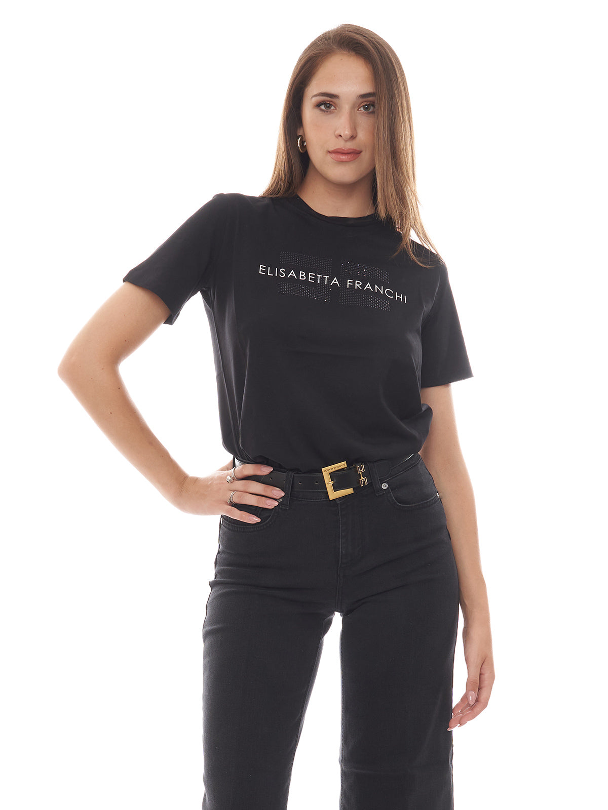 T-shirt in jersey con strass logo Elisabetta Franchi