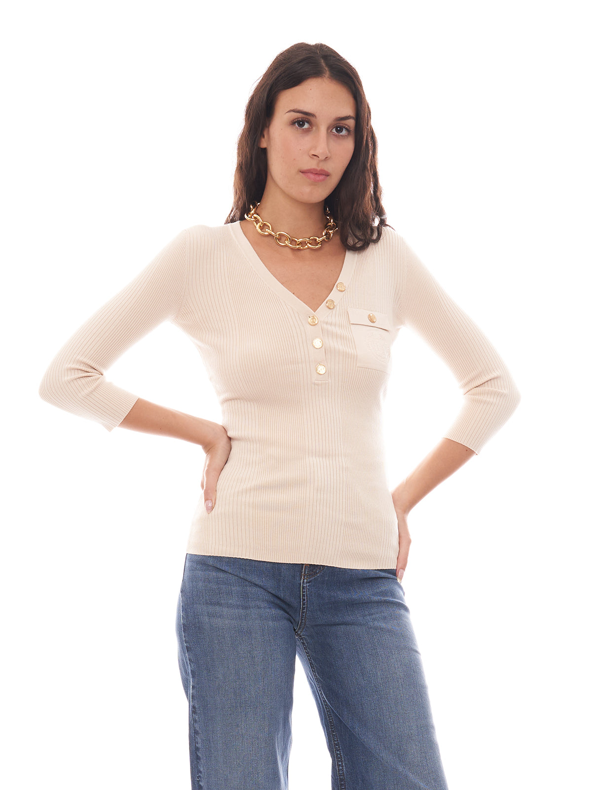 Maglia scollo a v a costine con ricamo logo Elisabetta Franchi