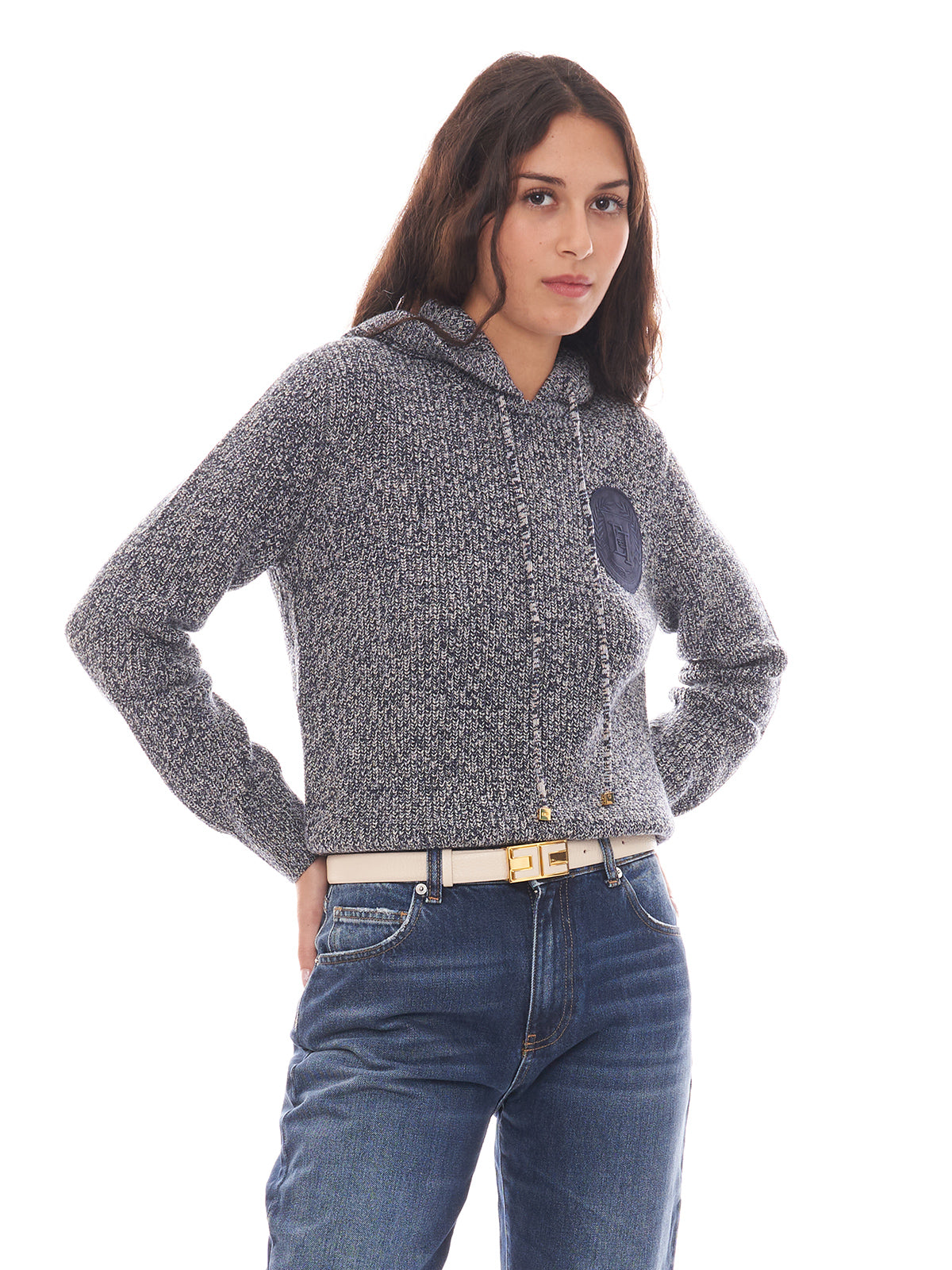 Pullover in viscosa mouliné con cappuccio e patch logo Elisabetta Franchi