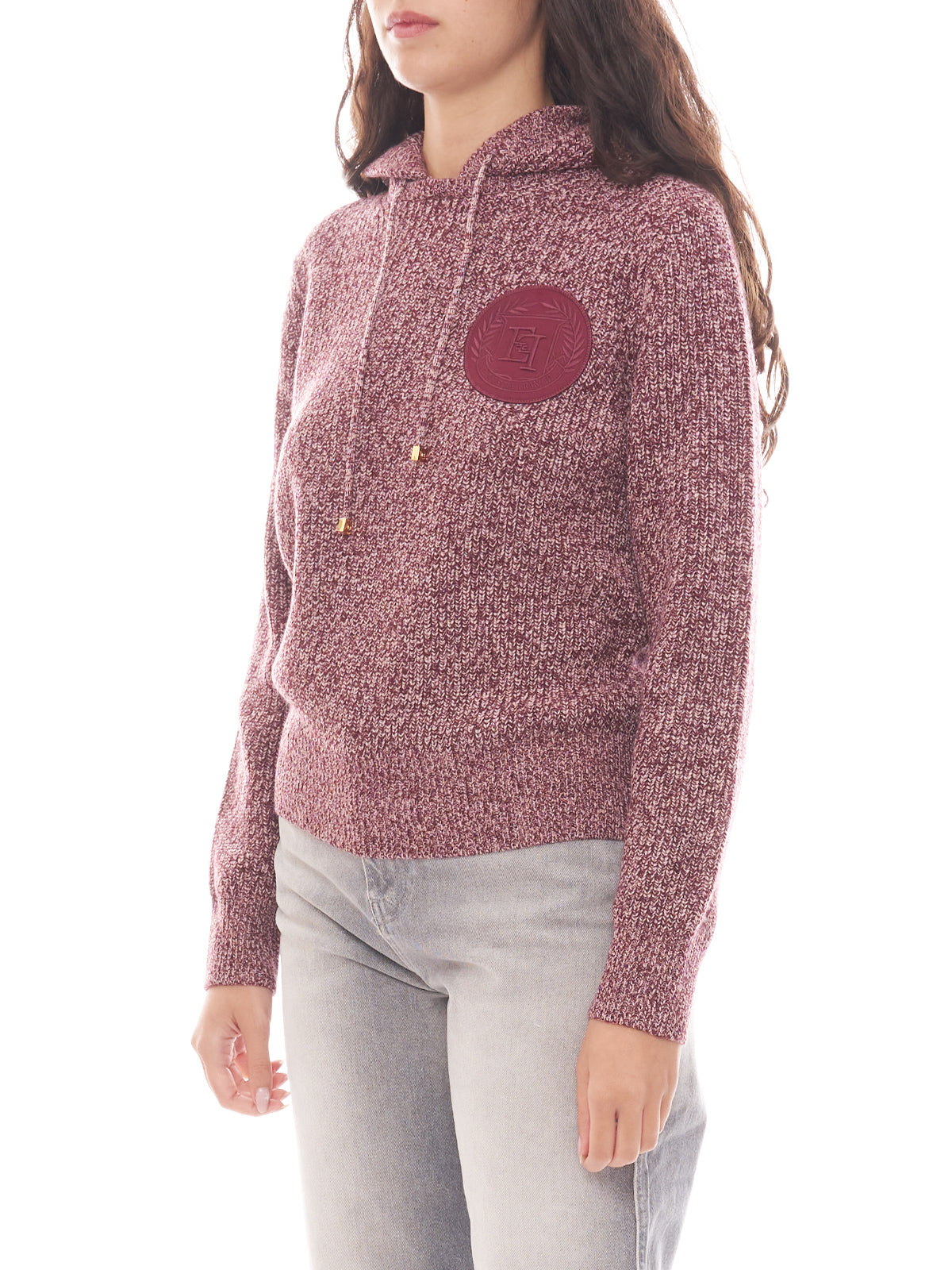 Pullover in viscosa mouliné con cappuccio e patch logo Elisabetta Franchi