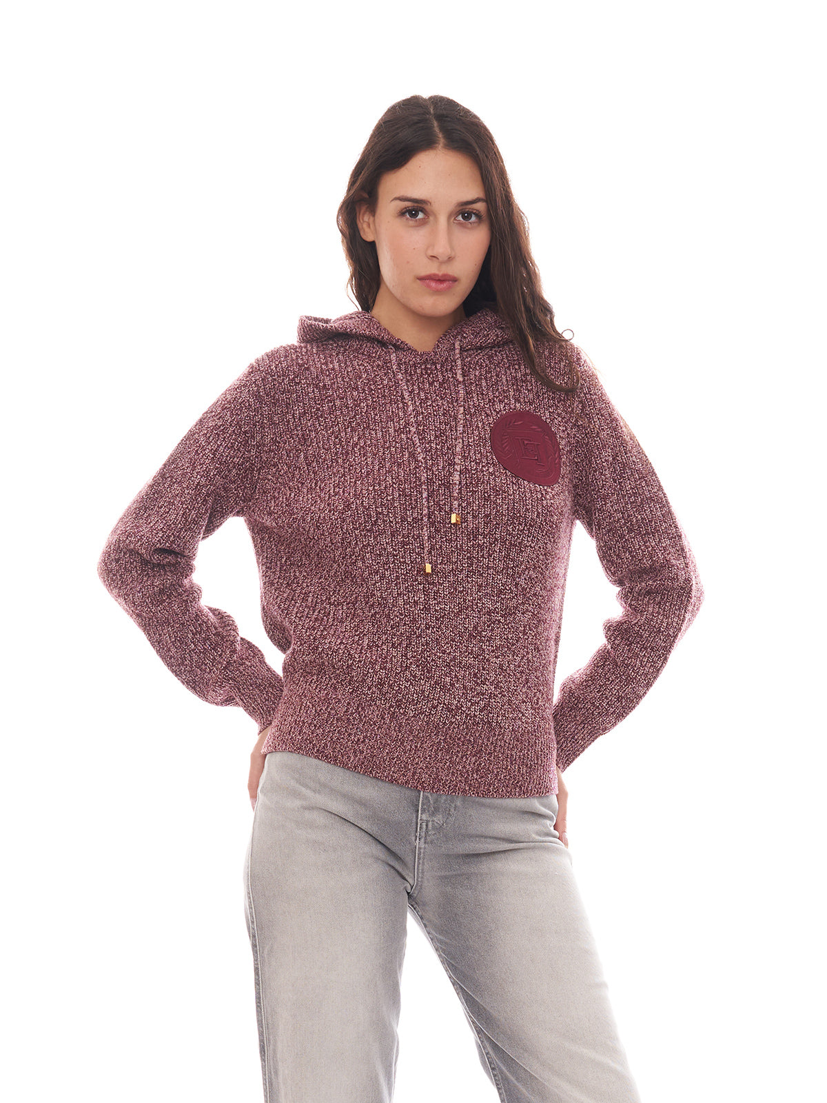 Pullover in viscosa mouliné con cappuccio e patch logo Elisabetta Franchi