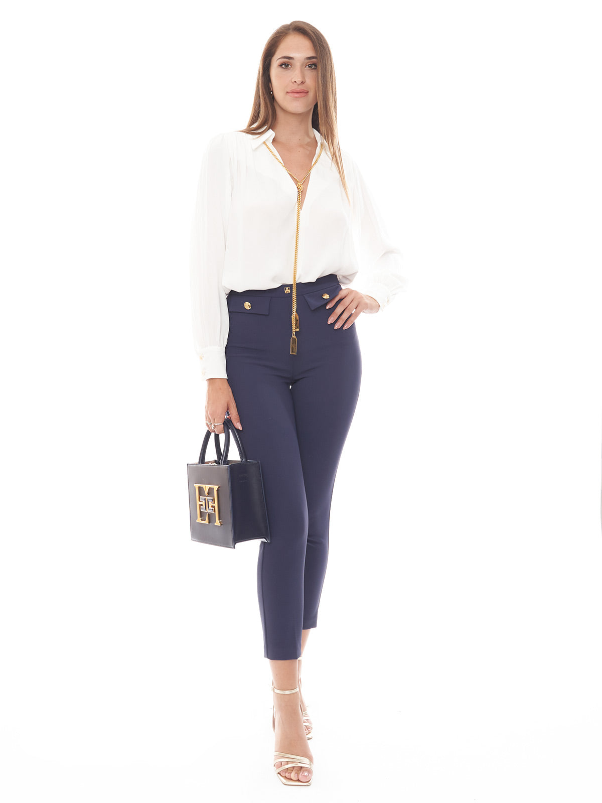 Pantalone dritto in crêpe stretch con rivetto logo Elisabetta Franchi