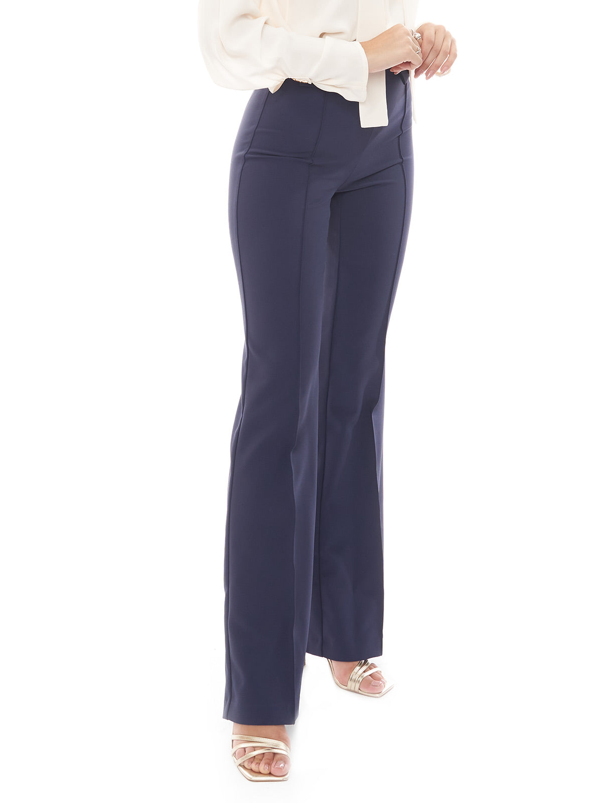 Pantalone palazzo in crêpe stretch con rivetto logo. Elisabetta Franchi