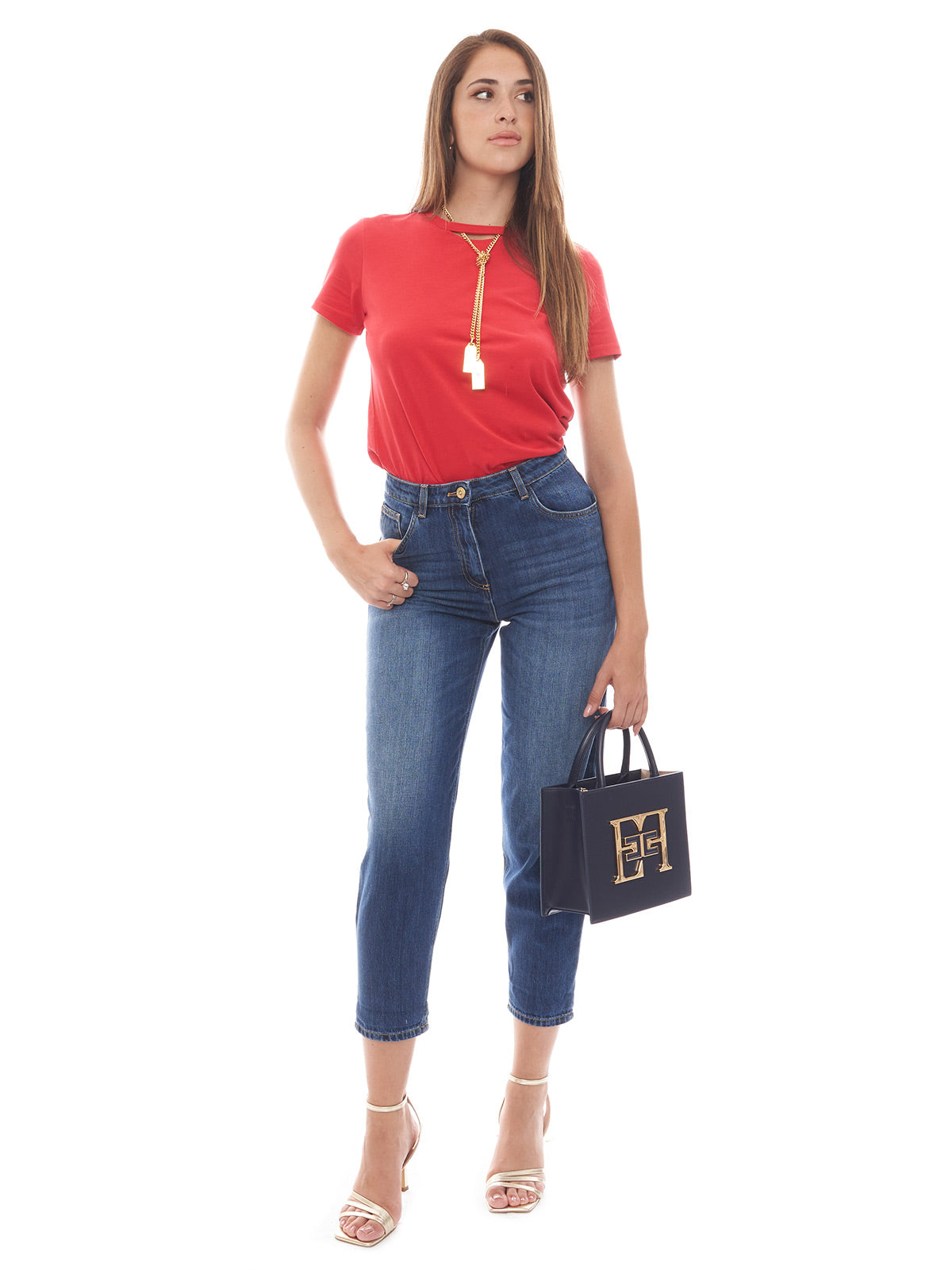 Jeans boyfriend in cotone stretch con risvolto Elisabetta Franchi