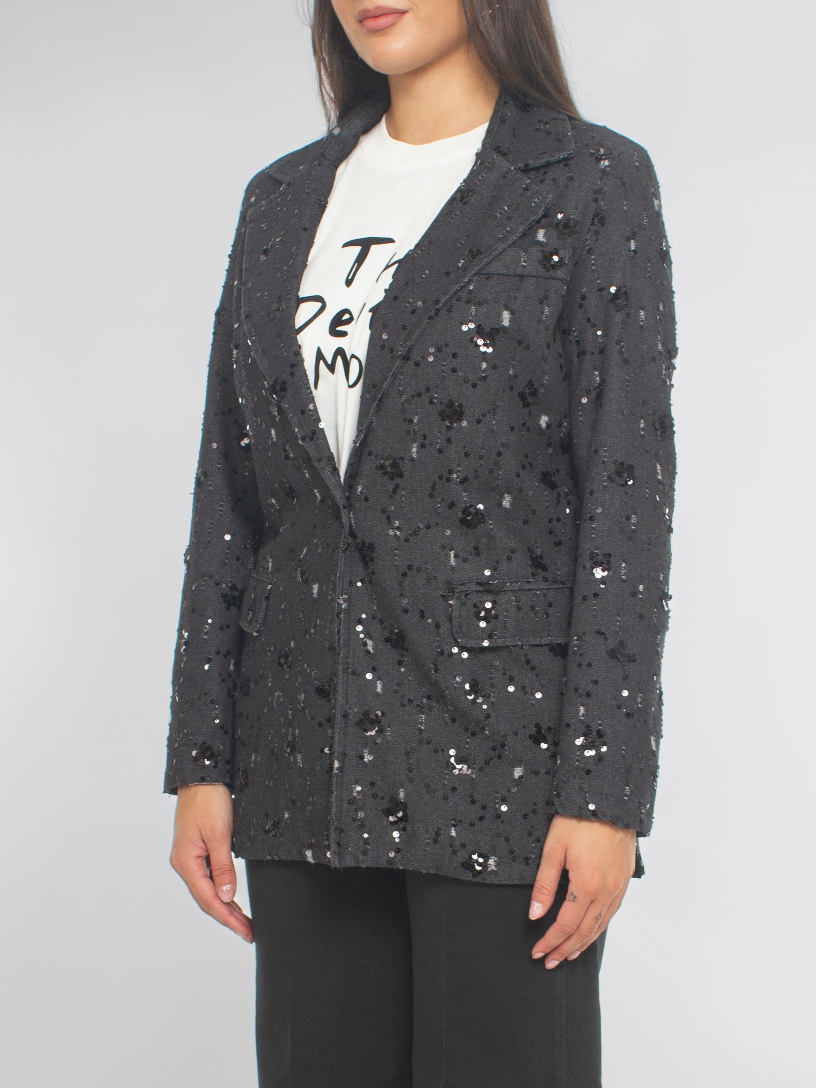 Giacca in Denim con Decoro Paillettes Rinascimento