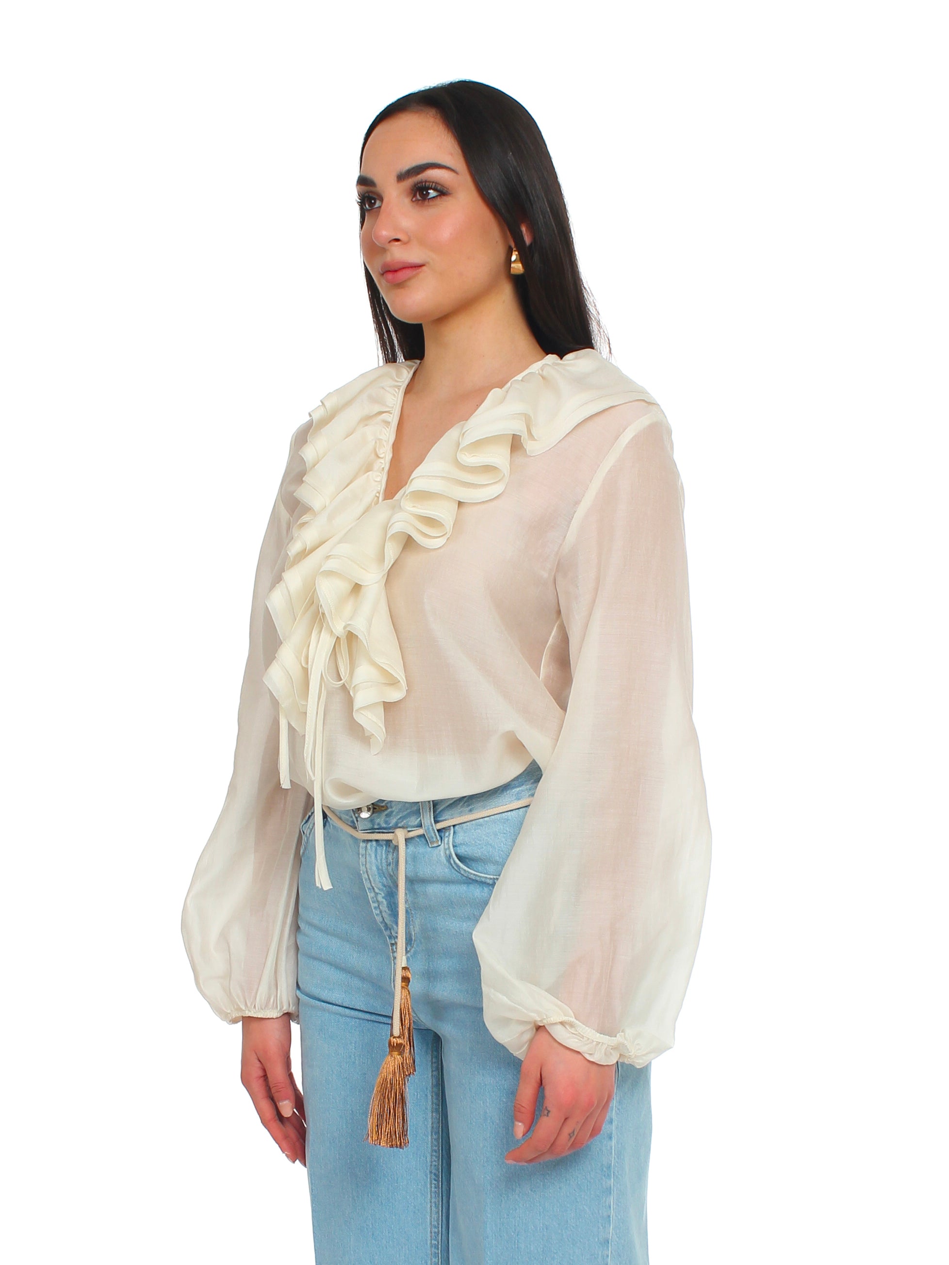 Blusa scollo a v con rouches e laccio Vicolo