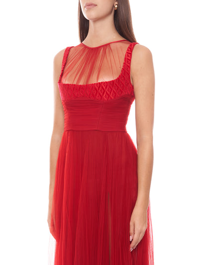 Red carpet dress with embroidered velvet bodice by Elisabetta Franchi