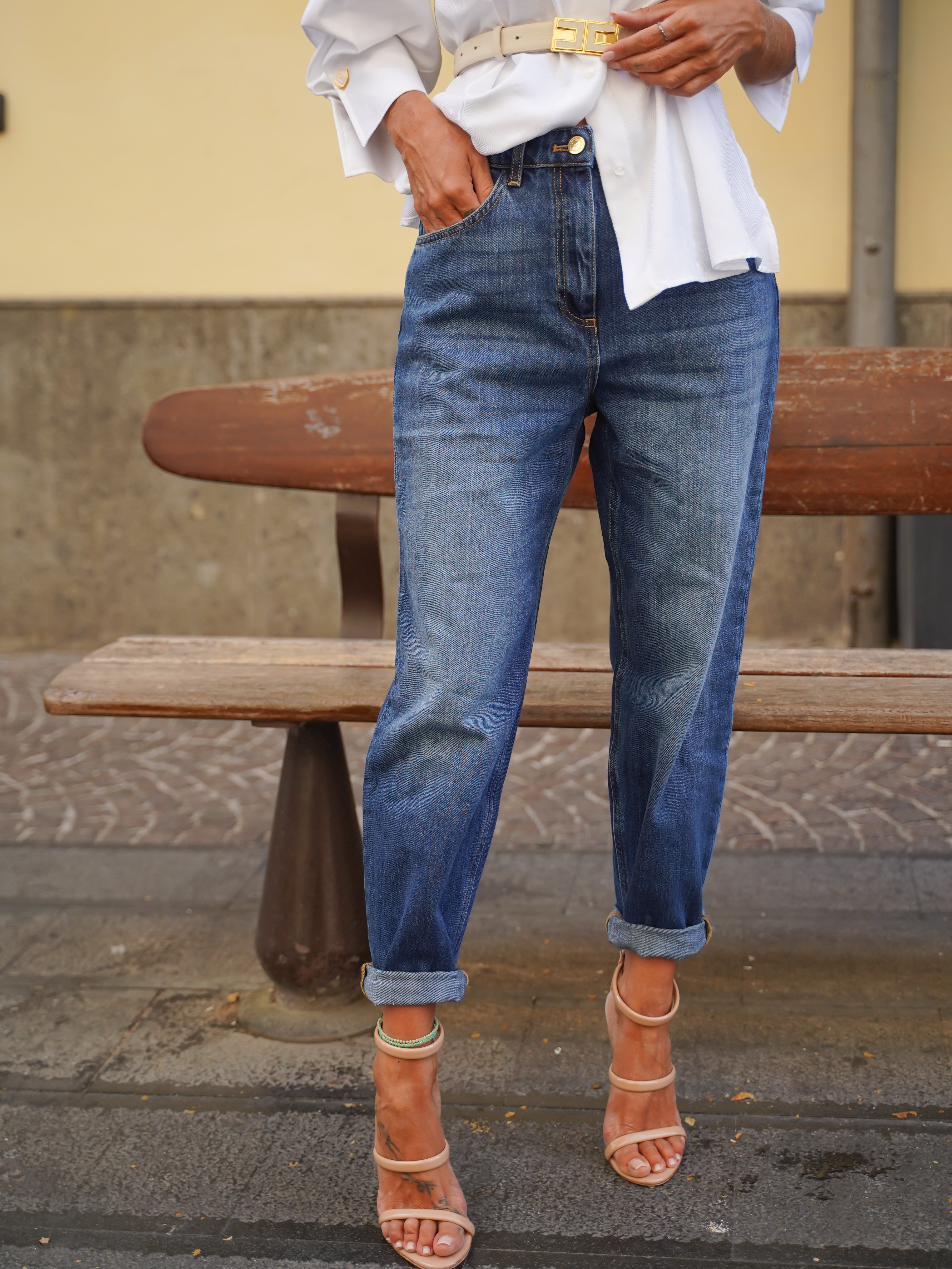 Jeans boyfriend in cotone stretch con risvolto Elisabetta Franchi