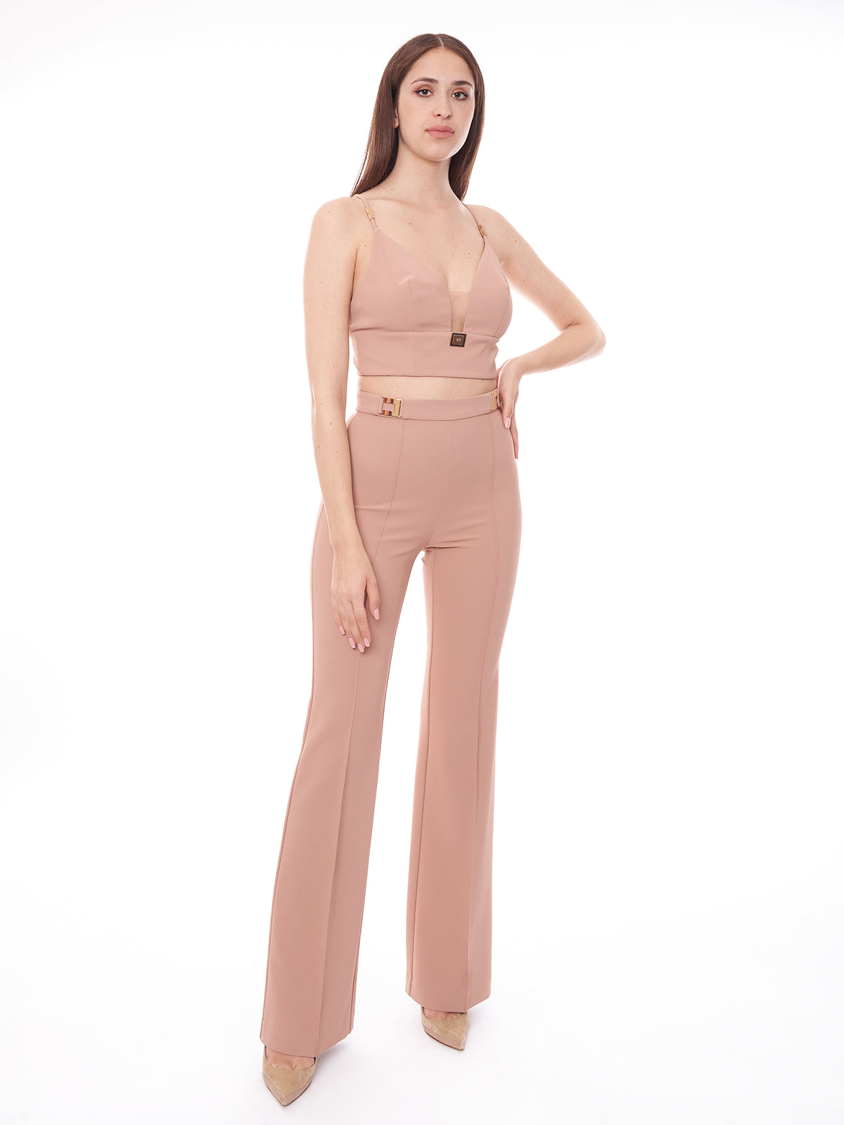 Pantalone palazzo in crêpe con placche logo Elisabetta Franchi