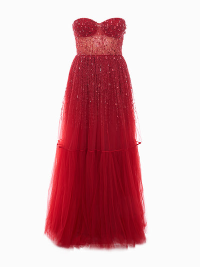 Red carpet dress with sequins and tulle flounces
