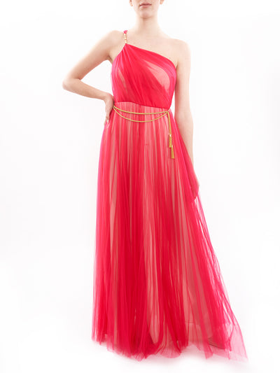 Elisabetta Franchi long red carpet one-shoulder tulle dress