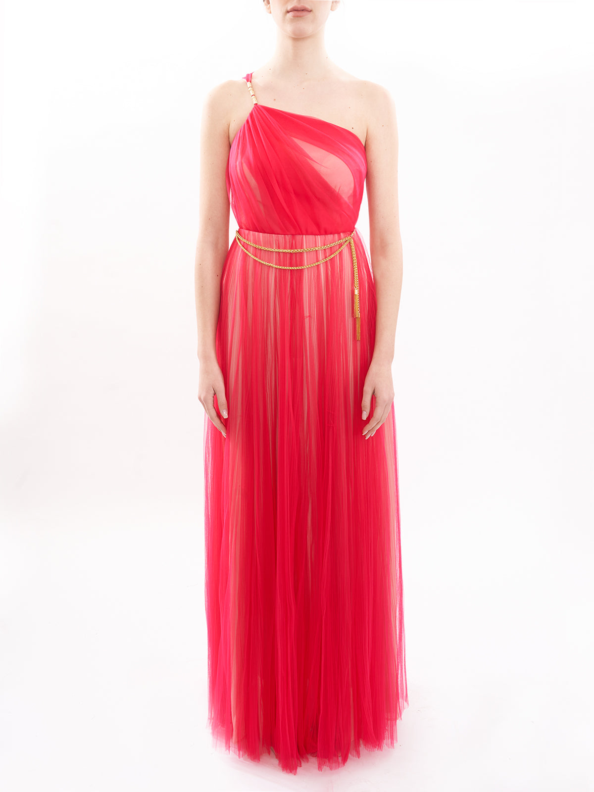 Elisabetta Franchi long red carpet one-shoulder tulle dress