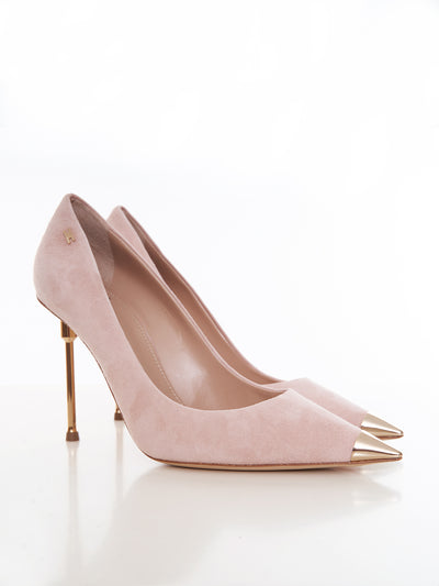 Suede pump with gold sculptured heel
