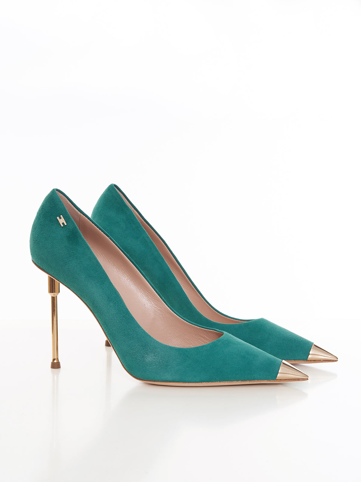 Suede pump with gold sculptured heel